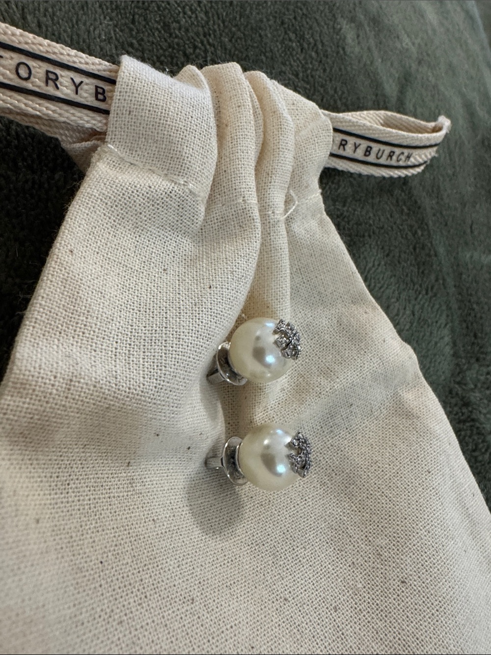 Tory Burch Pearl Button Earrings with Crystal Logo - Ivory and Silver - Picture 2 of 2